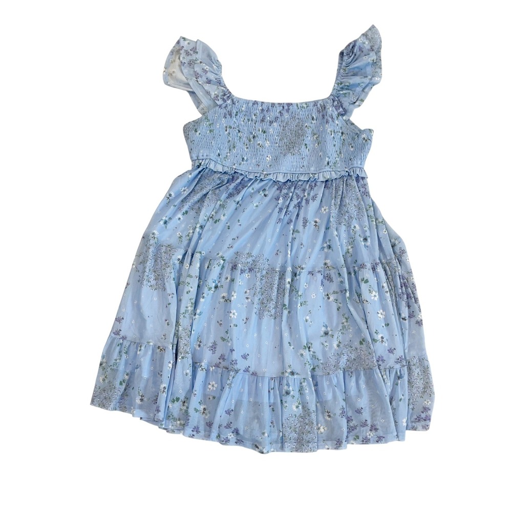 Arula Blue Floral Smocked Tiered Dress Ruffle Flutter Sleeve Cottage Size A, 1X
